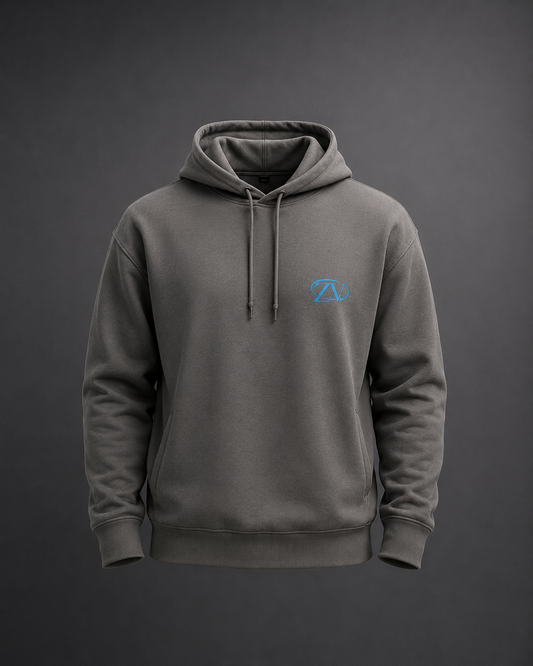 Sweat à capuche Azure ZEVYRA gris foncé avec logo bleu imprimé sur la poitrine.